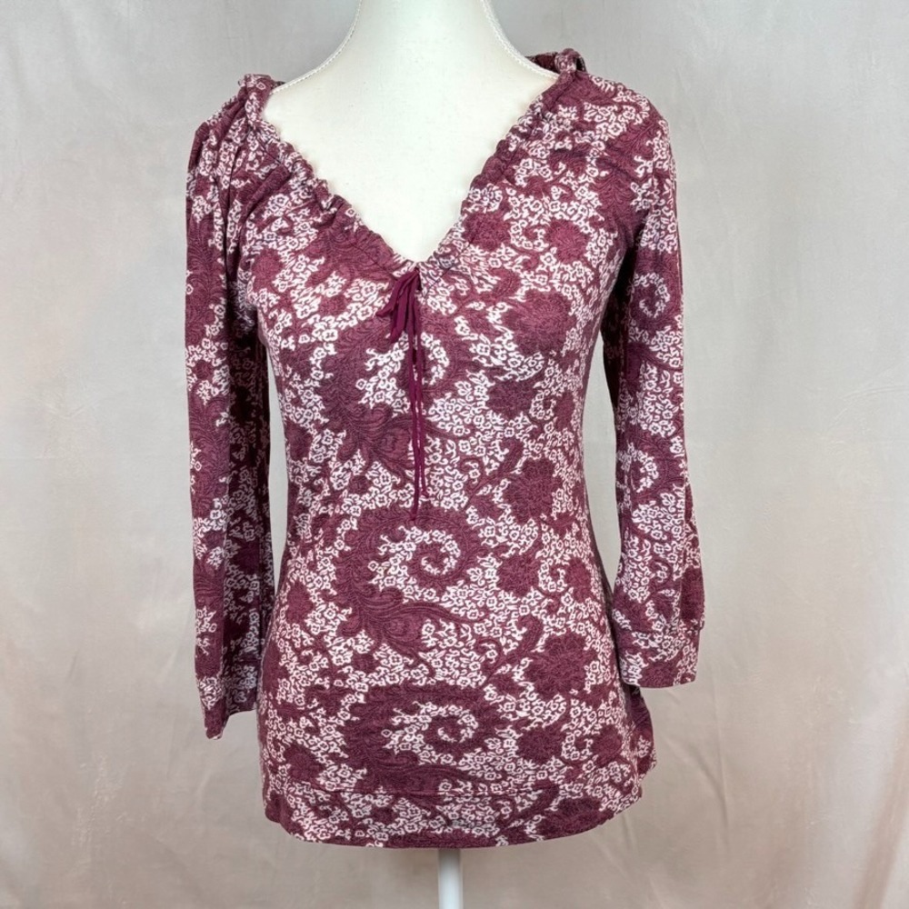 Womens Y2K Pink Floral Hooded long sleeve Blouse‎ Small Fairy Boho V-Neck Retro